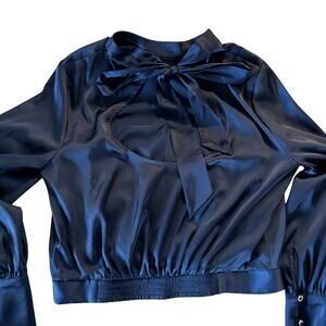 Express Satin Dark Blue Blouse with Key hole Open back Women's M